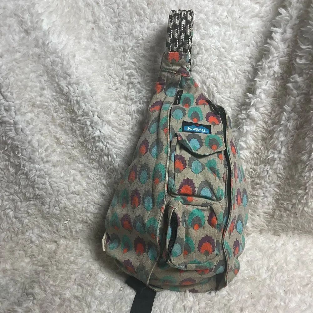 Limited edition Kavu Rope sling bag Canvas gray ,Orange,blue & purple print.